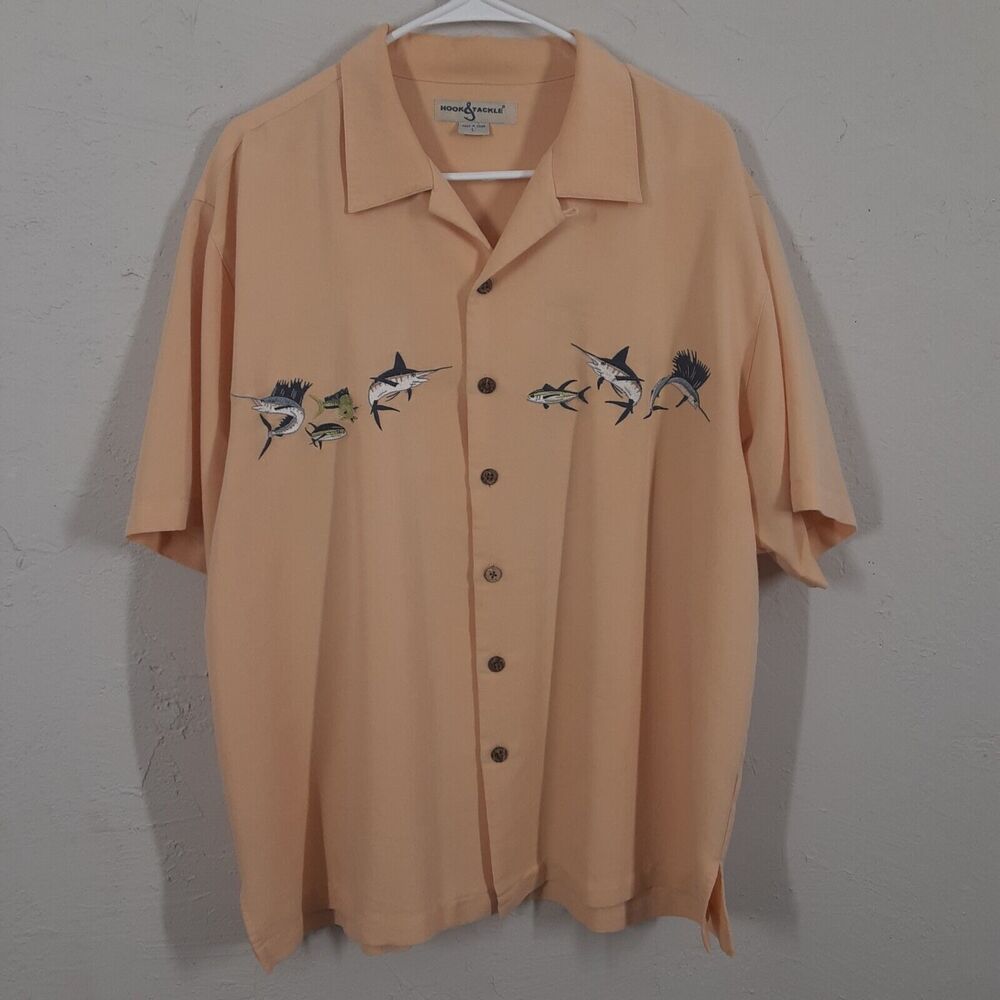 Hook & Tackle Mens Large Yellow Fish Embroidered Short Sleeve Hawaiin Shirt